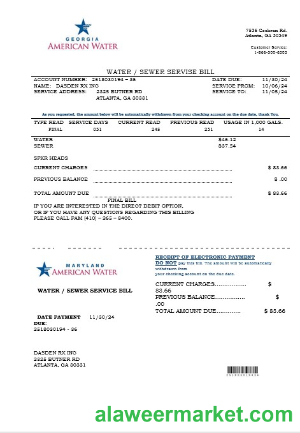 USA Maryland Georgia Water business utility bill template in Word and PDF formats